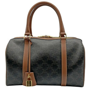 Celine Boston Triomphe Canvas Calfskin 2Way Top Handle Crossbody Bag Brown Tan